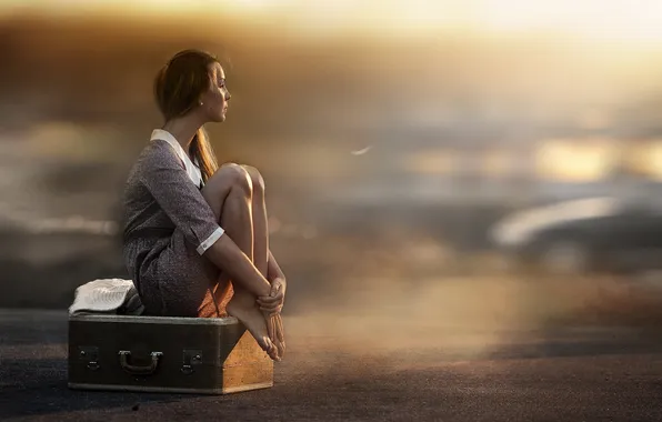 Picture girl, light, mood, suitcase