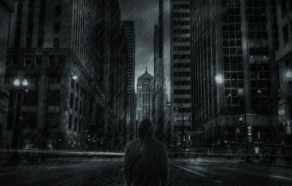 Rain, street, people, skyscrapers, The city, jacket