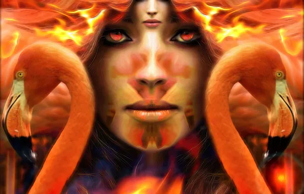 Girl, face, Flamingo