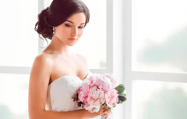 Picture girl, flowers, bouquet, makeup, dress, brunette, hairstyle, is