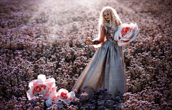 Field, girl, flowers, pose, roses, dress, Melanie Dietze