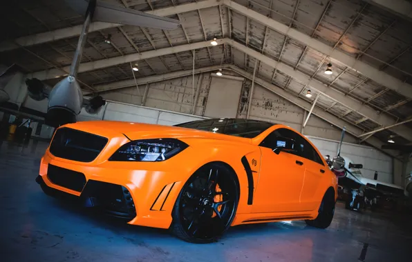 Picture auto, machine, orange, the plane, tuning, hangar, mercedes-benz, Mercedes