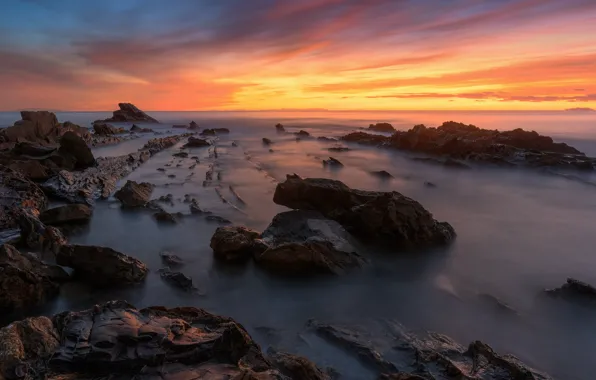 Sea, the sky, clouds, sunset, stones, shore, the evening, horizon