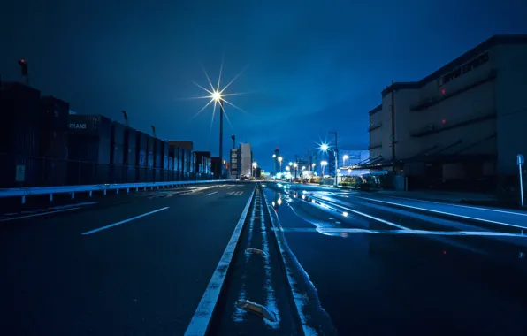 Picture road, asphalt, night, the city, strip, posts, home, lights