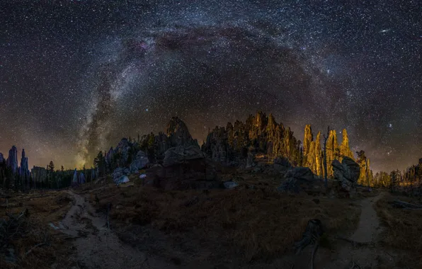 Mountains, night, rocks, The milky way