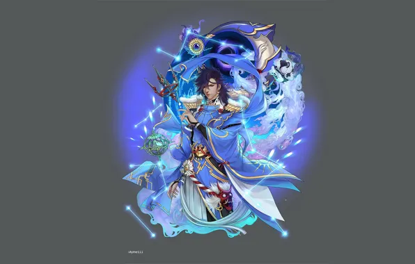 Art, guy, grey background, Onmyoji