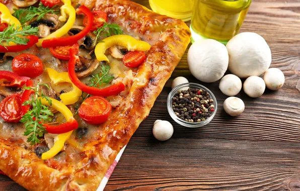 Mushrooms, cheese, pepper, vegetables, pizza, tomatoes, spices, mozzarella