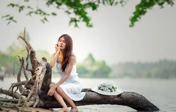 Picture girl, river, hat, snag, Asian