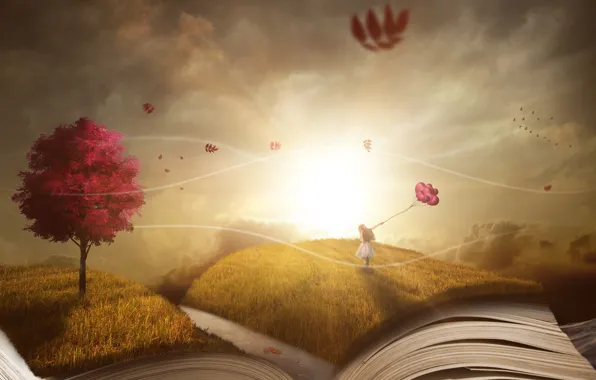 Autumn, the sky, grass, leaves, the sun, balls, light, balloons