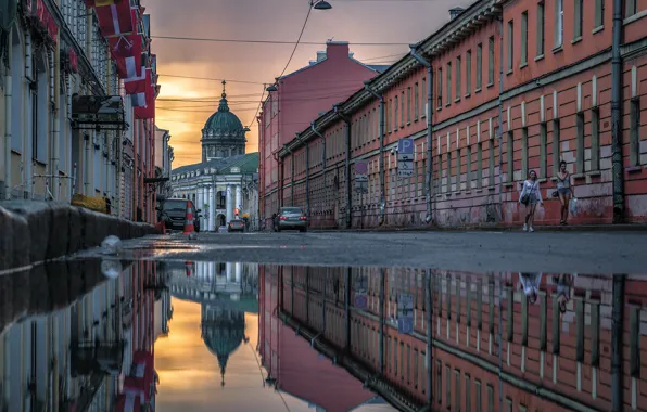 The city, reflection, street, building, home, Peter, puddle, Saint Petersburg