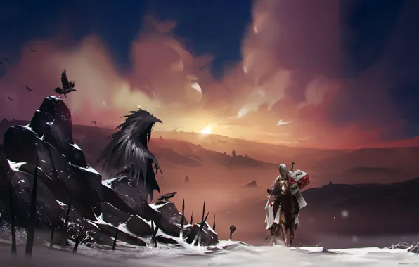 Winter, Horse, Snow, Monster, Warrior, Fantasy, Art, Knight