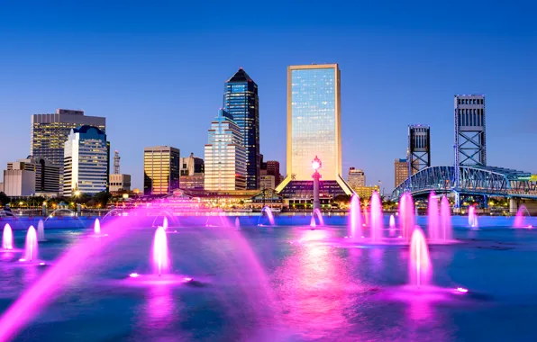 Bridge, design, river, home, the evening, beautiful, USA, fountains