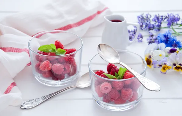 Flowers, berries, raspberry, glasses, mint, viola, spoon