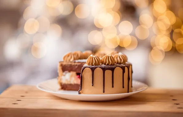 Cake, dish, chocolate glaze, blur bokeh