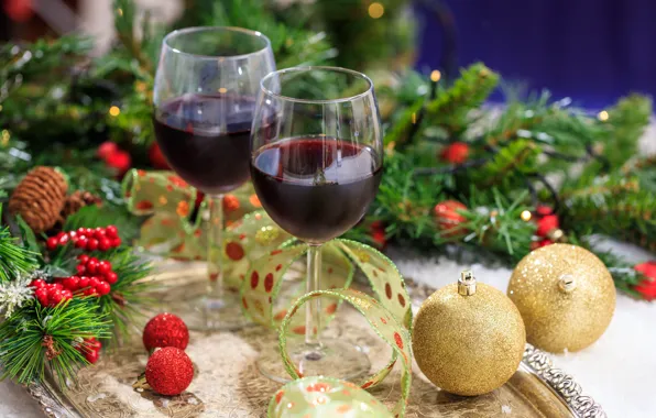 Berries, holiday, wine, balls, new year, spruce, glasses, tape