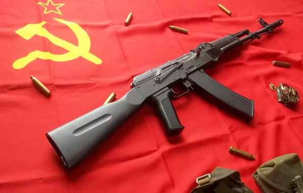 Picture flag, USSR, Kalashnikov, the hammer and sickle, red star