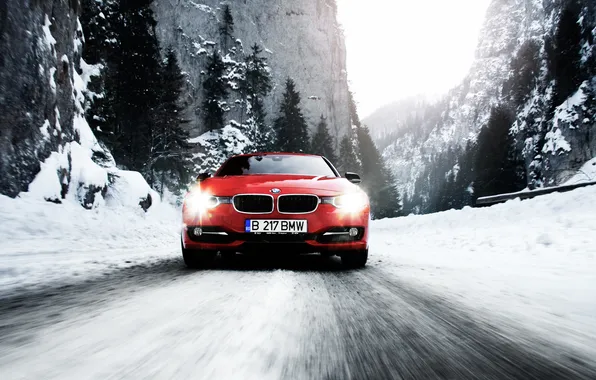 Road, forest, snow, mountains, BMW, diesel, bmw3, f30 2.0 320d