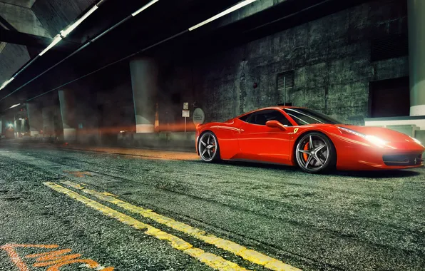 Picture road, night, the tunnel, ferrari, Ferrari, 458 italia