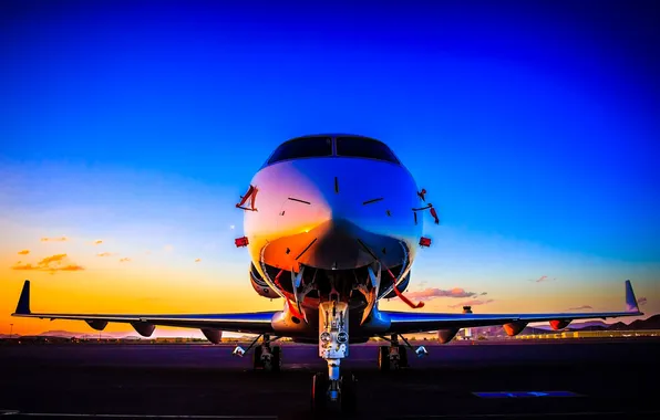 The sky, sunset, the plane, wings, glow, the airfield