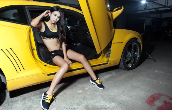 Look, Girls, Chevrolet, Asian, beautiful girl, yellow car, posing in the doorway of the machine