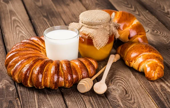 Picture glass, Board, milk, honey, spoon, Bank, muffin, cakes
