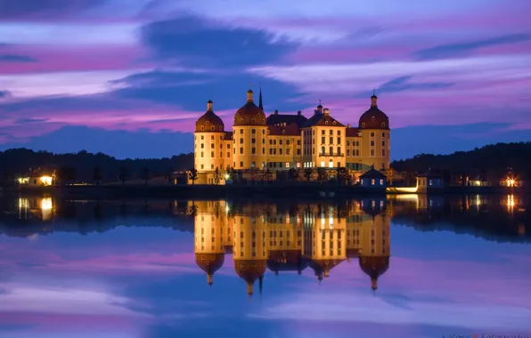 Picture the sky, water, clouds, light, night, lights, reflection, castle