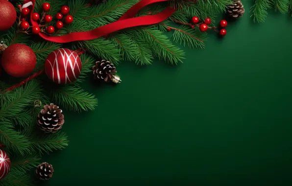 Balls, branches, Christmas, red, New year, needles, bumps, green background