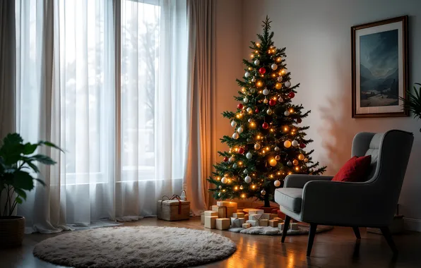 Balls, lights, comfort, room, wall, picture, chair, window