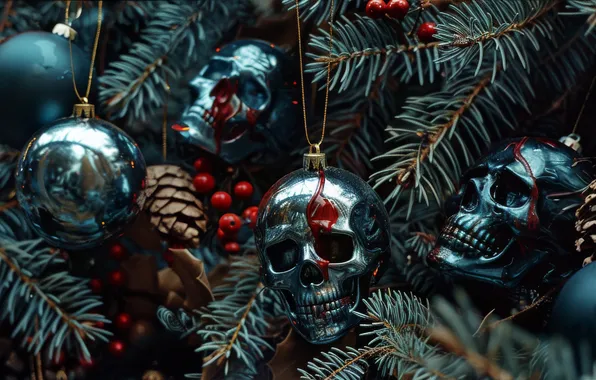 Balls, branches, skull, Christmas, New year, skull, herringbone, needles