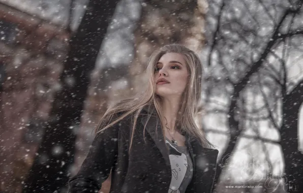 Winter, snow, trees, pose, model, portrait, makeup, dress