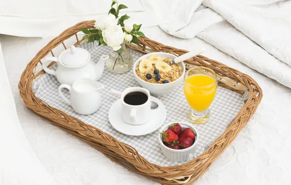Coffee, roses, Breakfast, cream, strawberry, juice, muesli