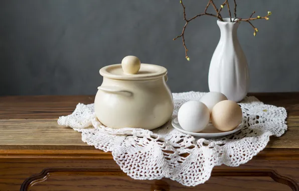 Branches, food, eggs, vase, still life, kidney, chest, composition