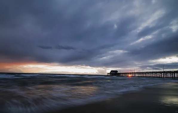 Sea, bridge, Newport Beach, Stormy Sunset