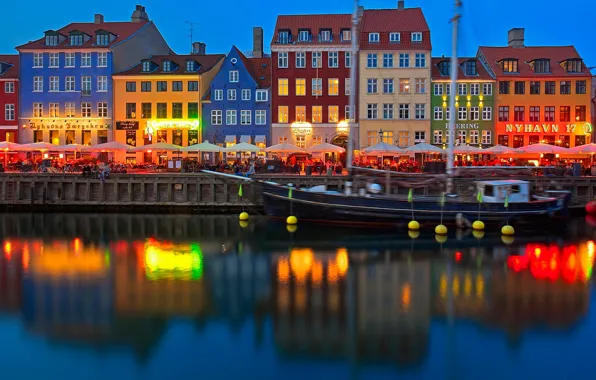 Lights, reflection, ship, home, Denmark, Copenhagen, Nyhavn