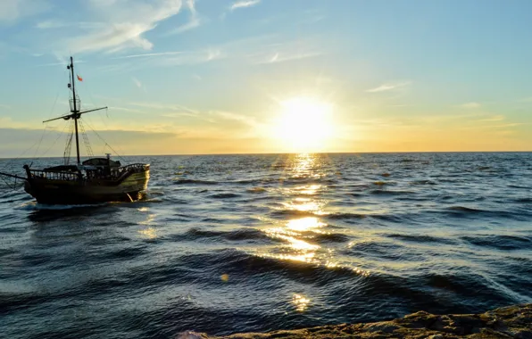 Sea, the sun, reflection, dawn, shore, ship, sailboat, morning