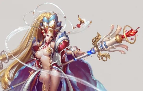 Girl, fantasy, art, crystals, staff