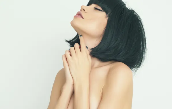 Girl, eyelashes, background, hair, haircut, hands, makeup, profile