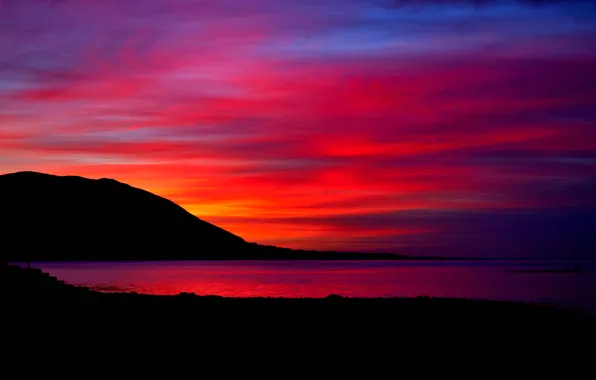 The sky, clouds, mountains, lake, the evening, glow