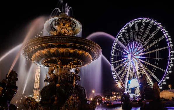 Night, lights, France, Paris, Ferris wheel, fountain, Concorde