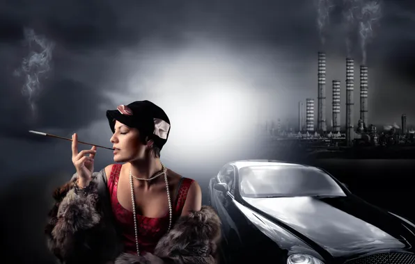Girl, pipe, retro, cigarette, beads, coat, mouthpiece, hat