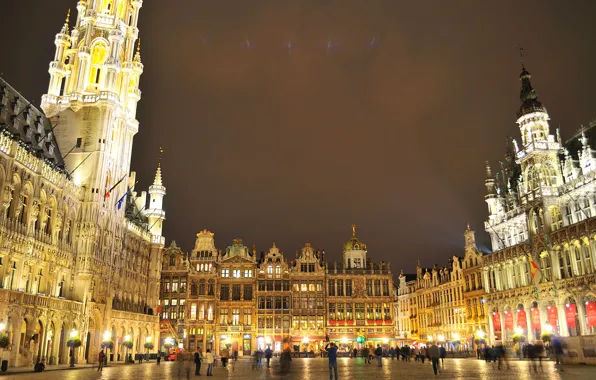The sky, night, lights, tower, home, area, Palace, Belgium