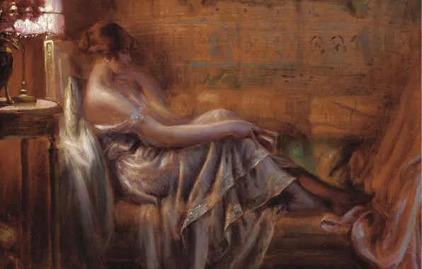 Picture girl, brooding, Delphin Enjolras, Academism, In the light of the lamp