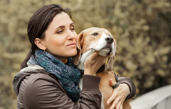 Girl, background, dog, brunette, jacket, shawl, bokeh, Beagle
