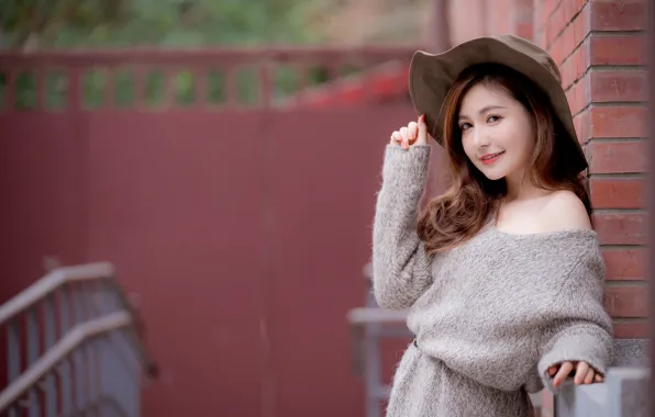 Girl, smile, hat, Asian, cutie, bokeh