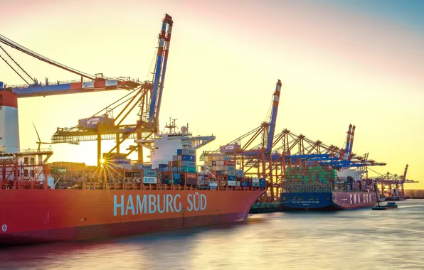 The sky, the sun, rays, river, ships, Germany, port, Hamburg