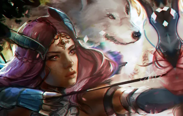 Girl, wolf, bow, art, arrow, guild wars, Archer