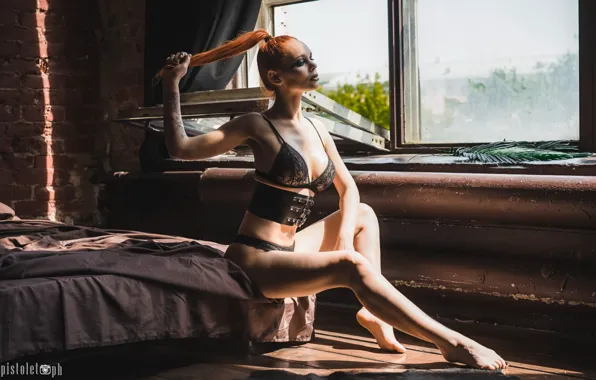 Chest, girl, pose, bed, tattoo, window, tail, linen