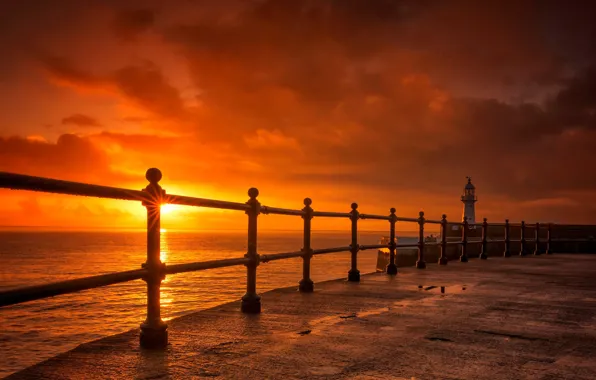 Sunset, lighthouse, England, the fence, glow, Cornwall