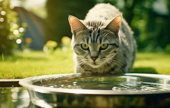 Greens, cat, summer, cat, look, water, light, nature