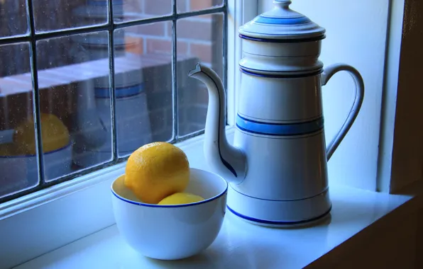Kettle, window, still life, lemons, bowl